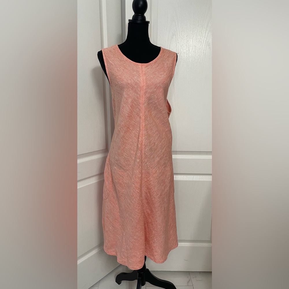 Lands’ End pure linen midi dress 1X XL peachy pink white marl never worn…